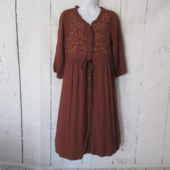 April Cornell Dresses & Skirts - April Cornell Dress S Small Brown Floral Embroidered Pockets Cottagecore Midi